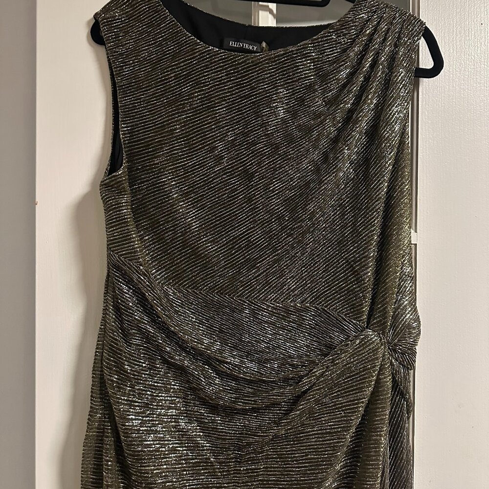 Ellen Tracy black and gold lame dress, twist in front, size 16